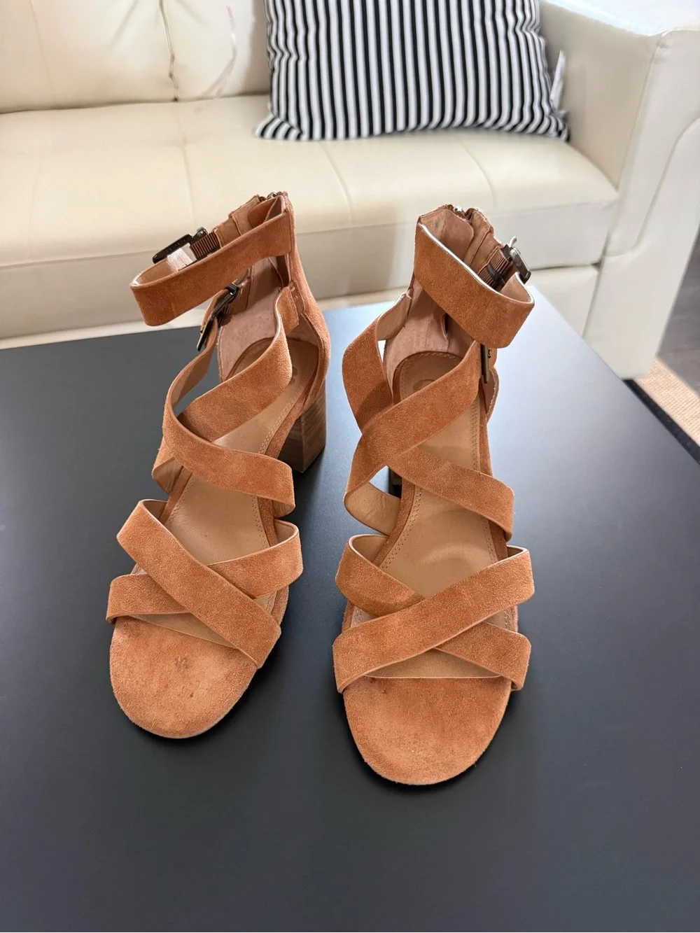 Gianni Bini Cognac Suede Crisscross Ankle-Strap Block Heel Sandals